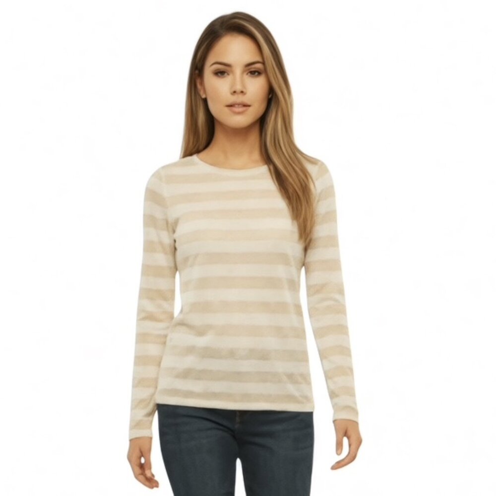 Alice + Olivia Cream Gold Metallic Striped Long Sleeve Crewneck Linen T Shirt